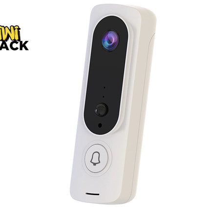 A white smart video doorbell with a black camera lens panel and a silverbell button, shown on a white background with a Kiwi Shack logo in the top-left corner.