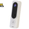 A white smart video doorbell with a black camera lens panel and a silverbell button, shown on a white background with a Kiwi Shack logo in the top-left corner.