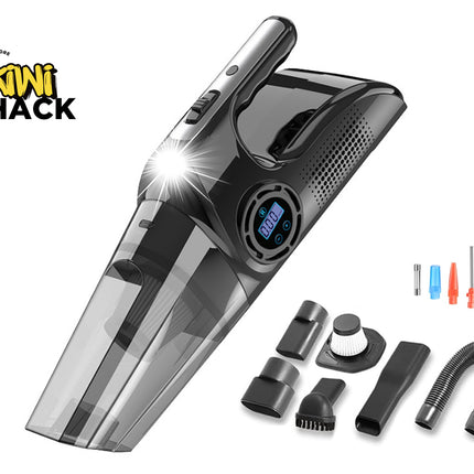A handheld wireless car vacuum cleaner in black and clear plastic, shown with multiple attachment heads and a flexible hose on a white background. The 'Kini Shack' brand logo is visible in the top-left corner.