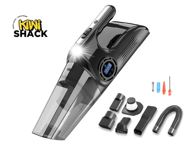 A handheld wireless car vacuum cleaner in black and clear plastic, shown with multiple attachment heads and a flexible hose on a white background. The 'Kini Shack' brand logo is visible in the top-left corner.