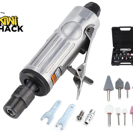 Pneumatic tool with attachments and Kiwi Shack logo on a white background