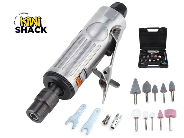 Pneumatic tool with attachments and Kiwi Shack logo on a white background