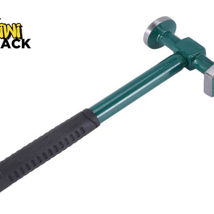 Green-painted body auto-body shrinking / finishing hammer featuring dual faces (one round flat/slightly crowned face, one textured/square shrinking face), a green metal handle/shaft, a black ribbed rubber grip handle with a hanging hole at the base, and the Kiwi Shack logo watermark.