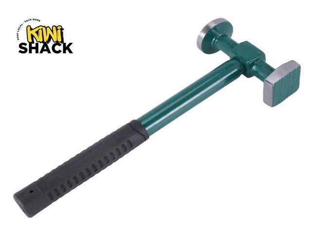 Green-painted body auto-body shrinking / finishing hammer featuring dual faces (one round flat/slightly crowned face, one textured/square shrinking face), a green metal handle/shaft, a black ribbed rubber grip handle with a hanging hole at the base, and the Kiwi Shack logo watermark.