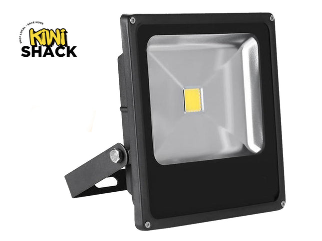 Black LED flood light with visible brand logo on a white background