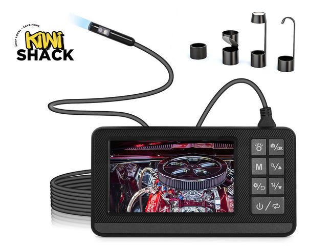 Digital camera with screen displaying an engine, surrounded by attachments on a white background, featuring the brand 'Kiwi Shack'.