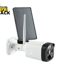 Solar-powered security camera with a solar panel on a white background, featuring the Kiwi Shack brand.