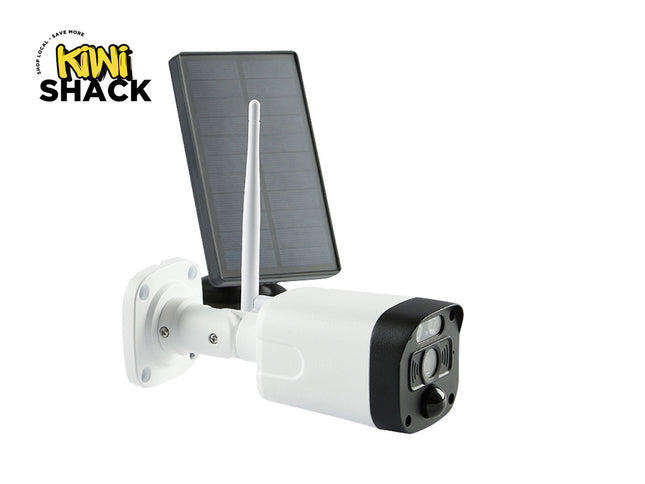 Solar-powered security camera with a solar panel on a white background, featuring the Kiwi Shack brand.