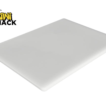 White cutting board with Kiwi Shack logo on a white background