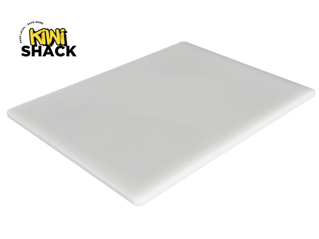 White cutting board with Kiwi Shack logo on a white background