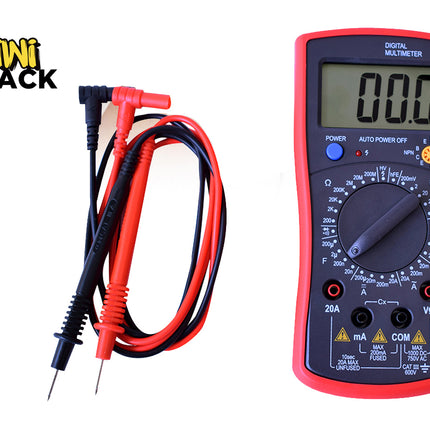 A digital multimeter with a red casing, LCD screen, rotary switch, and connected test probes, featuring the "Kiwi Shack" logo in the top-left corner.