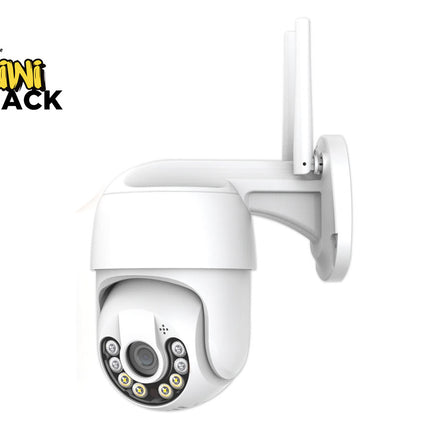 A white outdoor security camera with a dual antenna and a circular array of infrared LEDs, shown against a plain white background with a Kiwi Shack logo in the top-left corner.