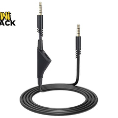 A black 3.5mm audio cable featuring gold-plated TRRS plugs, an integrated inline volume control module on one end, and a coiled length at the base against a white background. A "Kiwi Shack" logo appears in the top-left corner.