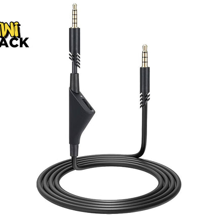 A black 3.5mm audio cable featuring gold-plated TRRS plugs, an integrated inline volume control module on one end, and a coiled length at the base against a white background. A "Kiwi Shack" logo appears in the top-left corner.