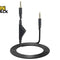 A black 3.5mm audio cable featuring gold-plated TRRS plugs, an integrated inline volume control module on one end, and a coiled length at the base against a white background. A "Kiwi Shack" logo appears in the top-left corner.