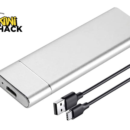 Silver power bank with USB cable on a white background, featuring Kiwi Shack logo.