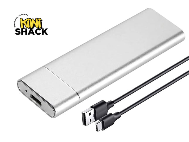 Silver power bank with USB cable on a white background, featuring Kiwi Shack logo.