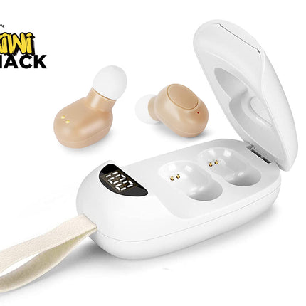 White hearing aid case with two beige hearing aids on a white background, featuring the Kiwi Shack logo.