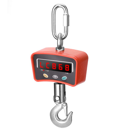 Digital hanging scale with red display on a white background
