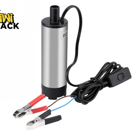 A cylindrical silver and black DC submersible water pump with a power cord, inline power switch, and battery clamps, featuring the "Kiwi Shack" logo in the top-left corner.