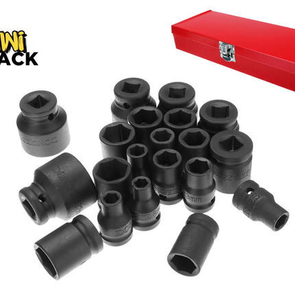 A set of black impact socket wrenches of various sizes displayed alongside a closed red metal storage case against a white background, featuring the "Kiwi Shack" logo in the upper left corner.