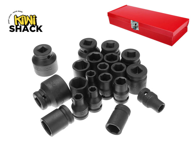 A set of black impact socket wrenches of various sizes displayed alongside a closed red metal storage case against a white background, featuring the "Kiwi Shack" logo in the upper left corner.