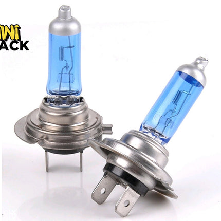 Pair of blue-tinted automotive halogen headlight bulbs with metal mounting flanges, internal filament loops, electrical spade connectors at the base, and Kiwi Shack logo in top left.