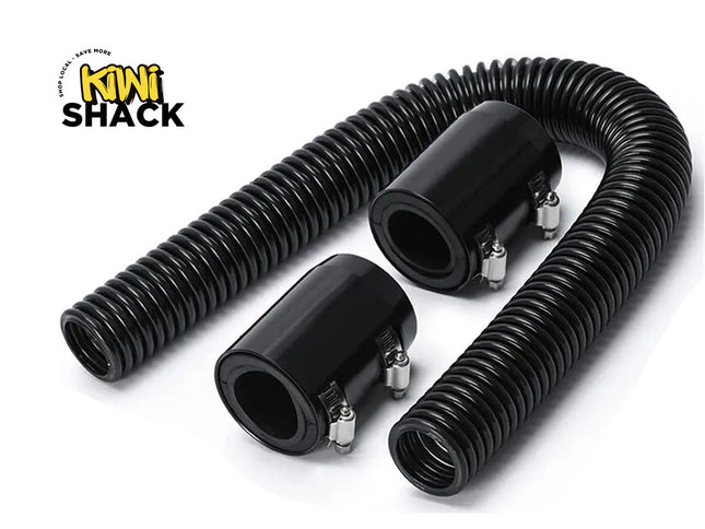 Black flexible hose with connectors on a white background, featuring the Kiwi Shack logo.