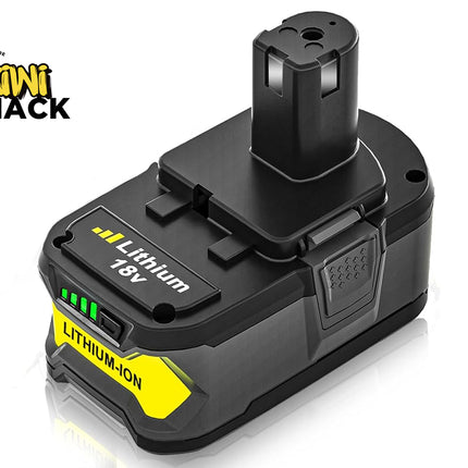 A black and yellow Kiwi Shark 18V Lithium-ion cordless battery pack on a white background with a reflection, featuring a Kiwi Shark logo overlay in the top left.