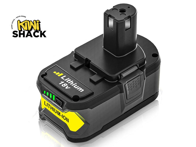 A black and yellow Kiwi Shark 18V Lithium-ion cordless battery pack on a white background with a reflection, featuring a Kiwi Shark logo overlay in the top left.