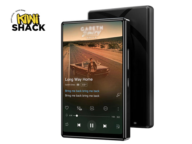 Kiwi Shack high-definition touch screen digital MP3 and MP4 music player with Bluetooth and lyrics display.