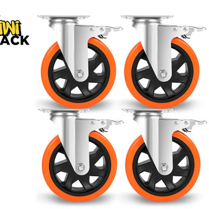 Four orange and black caster wheels with metal brackets on a white background, featuring the Kiwi Shack brand.