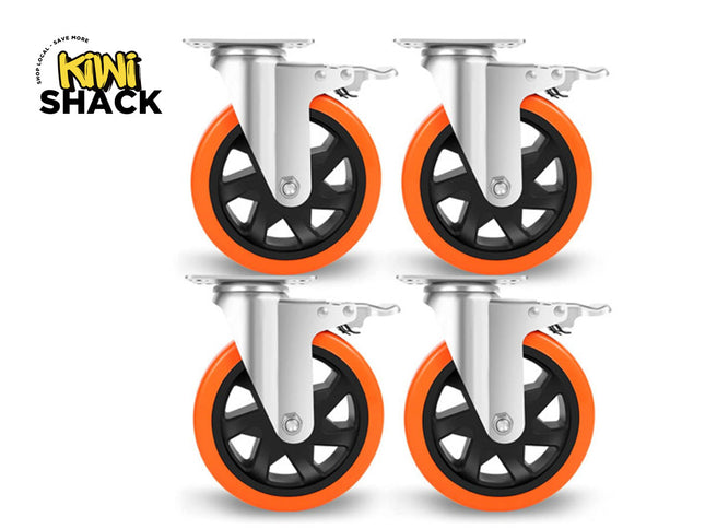 Four orange and black caster wheels with metal brackets on a white background, featuring the Kiwi Shack brand.