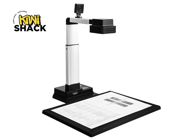 Document camera with a white background and Kiwi Shack logo.