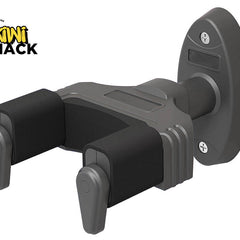 Dark gray wall-mounted guitar hanger/yoke with black foam padding on the fork arms, locking vertical drop-guards, oval baseplate with two mounting screws, and Kiwi Shack logo in top left.