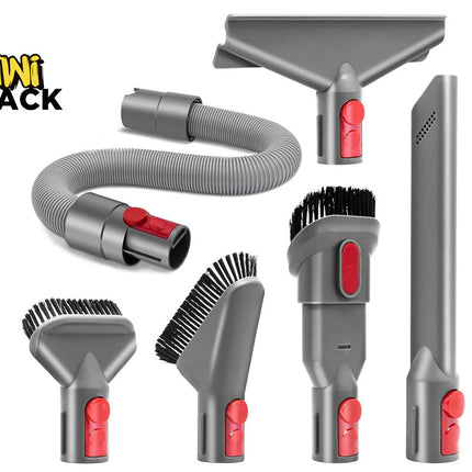 A set of gray and red vacuum cleaner attachments with a flexible hose, shown on a white background with the Kiwi Shack logo in the top left corner.