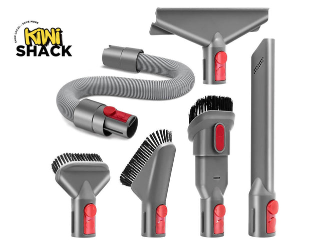 A set of gray and red vacuum cleaner attachments with a flexible hose, shown on a white background with the Kiwi Shack logo in the top left corner.