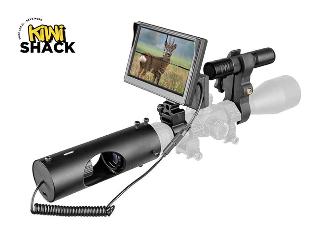 Hunting scope with digital display showing a deer, branded 'Kiwi Shack'.