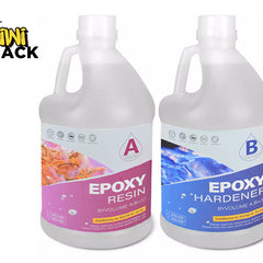 Two bottles of epoxy resin and hardener with Kiwi Shack logo on a white background