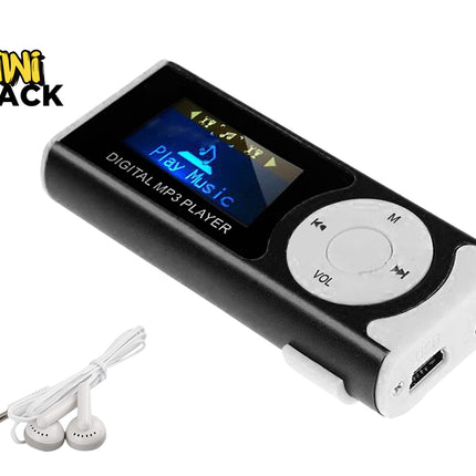 Black digital MP3 player with earphones on a white background, featuring the Kiwi Shack brand.