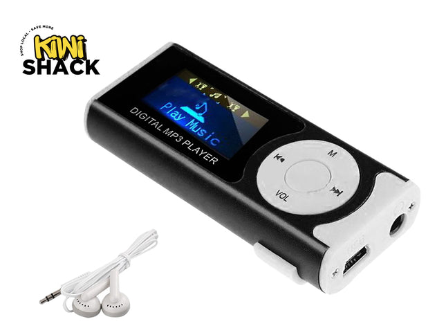 Black digital MP3 player with earphones on a white background, featuring the Kiwi Shack brand.