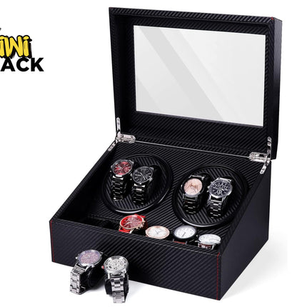 Black watch box with multiple watches displayed, featuring the Kiwi Shack brand.