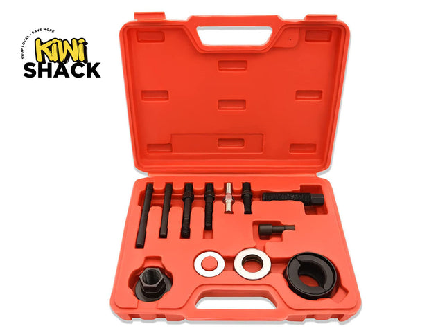 Red tool case with black and silver tools on a white background, featuring Kiwi Shack logo.