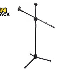 A black metal microphone boom stand with a tripod base, central vertical shaft, and an adjustable horizontal arm with a clip, set against a white background with the "Kiwi Shack" logo in the top left corner.