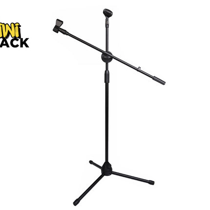 A black metal microphone boom stand with a tripod base, central vertical shaft, and an adjustable horizontal arm with a clip, set against a white background with the "Kiwi Shack" logo in the top left corner.