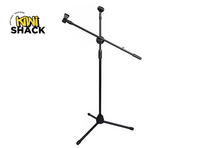 A black metal microphone boom stand with a tripod base, central vertical shaft, and an adjustable horizontal arm with a clip, set against a white background with the "Kiwi Shack" logo in the top left corner.