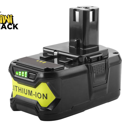 Black lithium-ion power tool replacement battery with a vertical tower terminal, side release latches, green LED charge level gauge, a yellow 'LITHIUM-ION' badge on the front, and the Kiwi Shack logo watermark.
