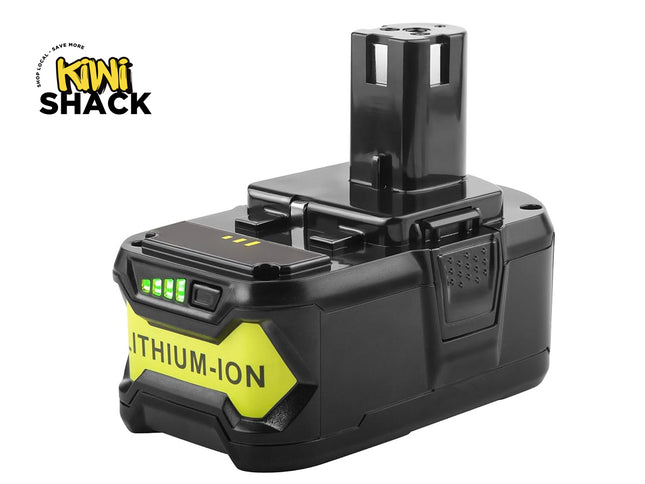 Black lithium-ion power tool replacement battery with a vertical tower terminal, side release latches, green LED charge level gauge, a yellow 'LITHIUM-ION' badge on the front, and the Kiwi Shack logo watermark.
