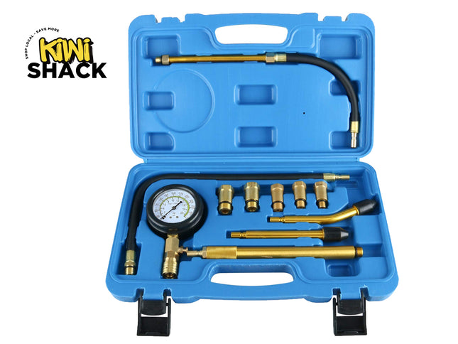 Car diagnostic tool kit with blue case and brass components on a white background, featuring 'Kiwi Shack' brand.