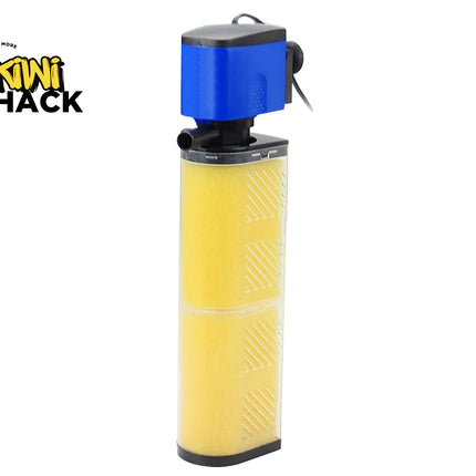 Yellow water filter with blue top on a white background, featuring Kiwi Shack logo.